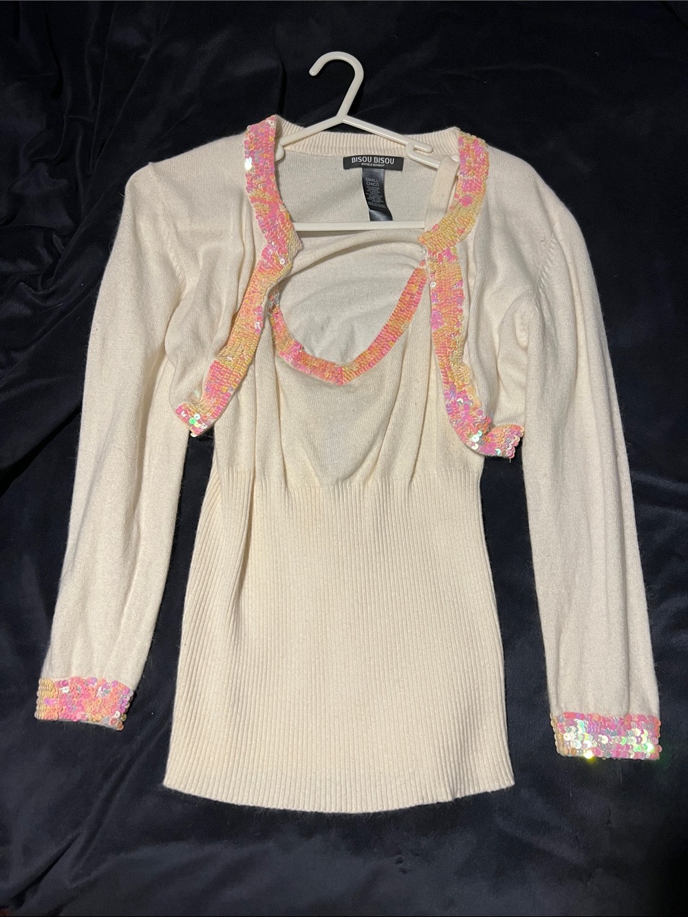 Bisou Bisou Cream Knit Tank & Bolero Set with Pink Sequin Trim y2k vintage